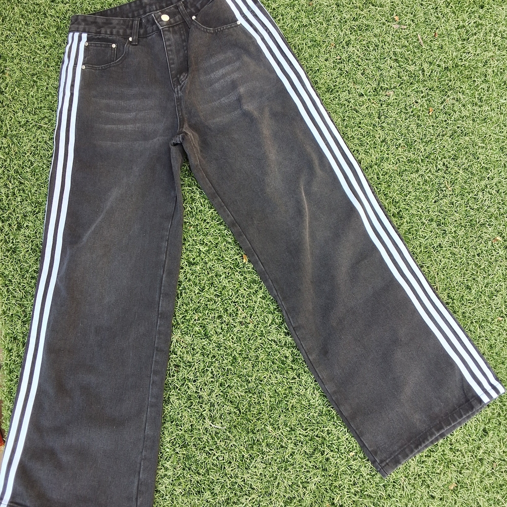 Men’s Black Wide Leg Jeans Side Stripe 30x35 Streetwear Baggy Denim